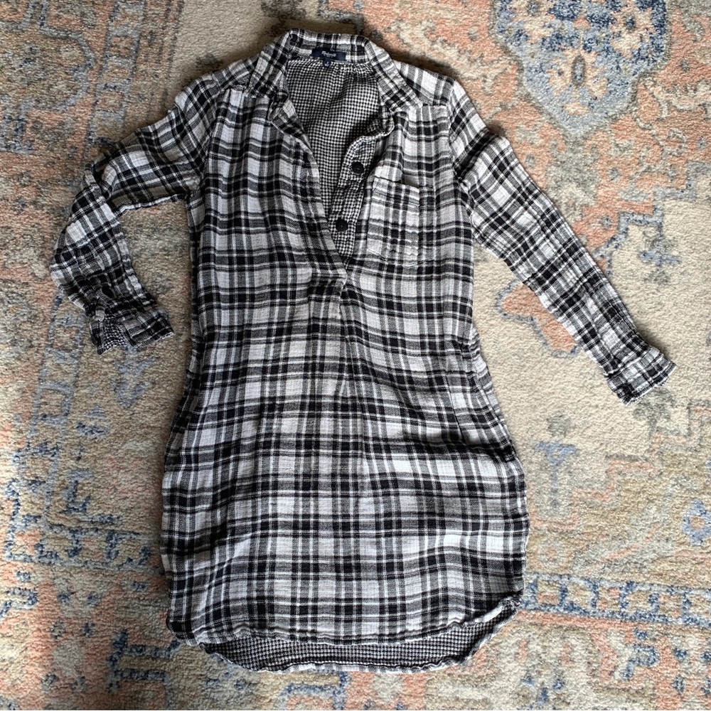 Madewell Womens Plaid Button Front Shirt dress Black White Size S